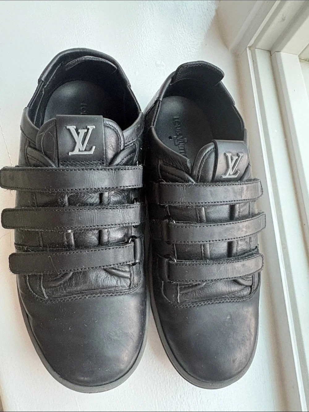 Vintage Louis Vuitton Black Leather Kids Velcro Strap Sneakers
